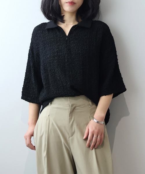 leswel(レスウェル)の「【M~5L】シャーリングニットハーフZIPポロ(ポロシャツ・レディース・ブラウン/ブラック・L/LL/3L/4L/5L/M)」の10枚目の写真