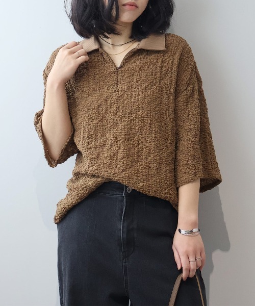 leswel(レスウェル)の「【M~5L】シャーリングニットハーフZIPポロ(ポロシャツ・レディース・ブラウン/ブラック・L/LL/3L/4L/5L/M)」の14枚目の写真