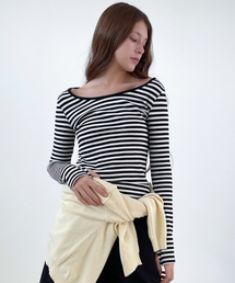 RAVEROUS（レイバーロス）の「ストライプスコープネックTシャツ_ブラック（Tシャツ/カットソー）」