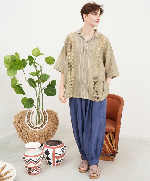 チャイハネ（チャイハネ）の「【チャイハネ】南インド綿ナナミィMEN'Sプルオーバーシャツ（シャツ/ブラウス・メンズ・ベージュ/ブラウン/ネイビー・FREE）」の8枚目の写真