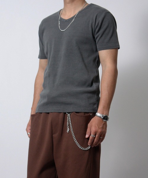 NYLAUS(ナイラス)の「【NYS】ヴィンテージ テレコ Vネック 半袖Tシャツ 無地(Tシャツ/カットソー・メンズ・ブラウン/チャコール・L/M/S)」の6枚目の写真