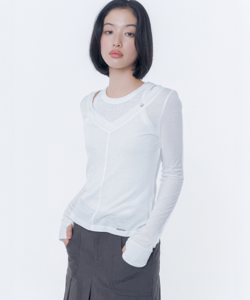 セール】Layered line sheer long sleeve WHITE（Tシャツ/カットソー
