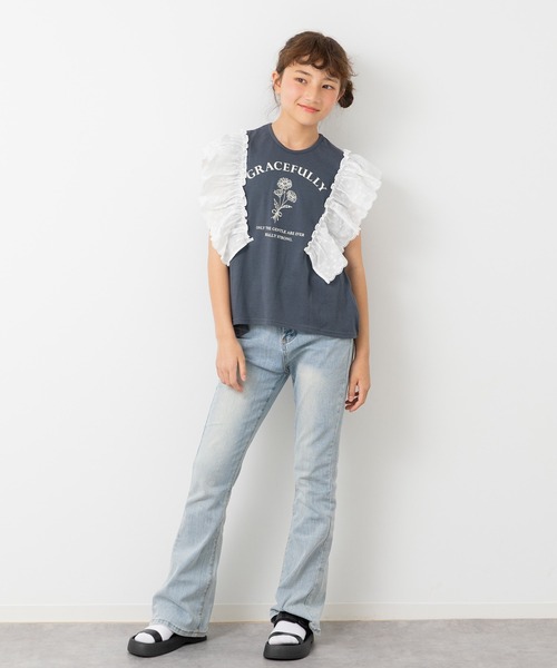 JAM & LINK(ジャムアンドリンク)の「肩レース プリント チュニック(Tシャツ/カットソー・キッズ・サックスブルー/チャコールグレー/オートミール・160cm/150cm/140cm/130cm/120cm/110cm/100cm)」の4枚目の写真