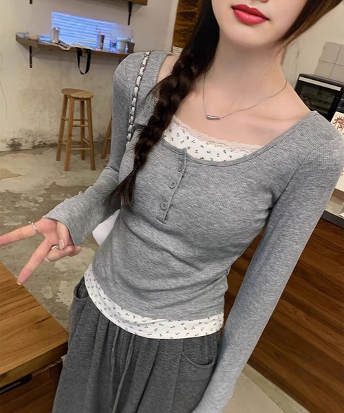 leune(ルネ)の「カップ付きレイヤード風ヘンリーリブトップス(Tシャツ/カットソー・レディース・ベージュ/オフホワイト/グレー・FREE)」の8枚目の写真