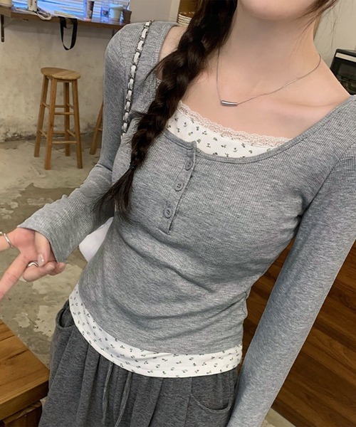 leune(ルネ)の「カップ付きレイヤード風ヘンリーリブトップス(Tシャツ/カットソー・レディース・ベージュ/オフホワイト/グレー・FREE)」の9枚目の写真