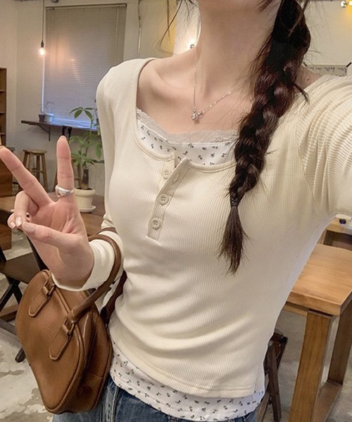leune(ルネ)の「カップ付きレイヤード風ヘンリーリブトップス(Tシャツ/カットソー・レディース・ベージュ/オフホワイト/グレー・FREE)」の12枚目の写真
