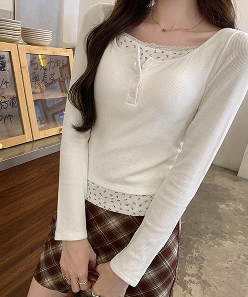 leune(ルネ)の「カップ付きレイヤード風ヘンリーリブトップス(Tシャツ/カットソー・レディース・ベージュ/オフホワイト/グレー・FREE)」の14枚目の写真