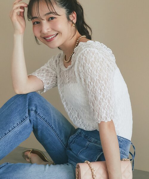 La boutique BonBon（ラブティックボンボン）の「ドライタッチレース前後２WAYトップス（Tシャツ/カットソー・レディース・ピンク/チャコールグレー/ホワイト・FREE）」の2枚目の写真