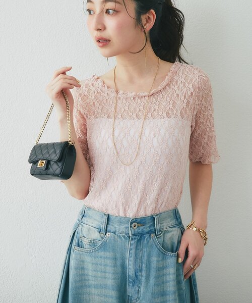 La boutique BonBon（ラブティックボンボン）の「ドライタッチレース前後２WAYトップス（Tシャツ/カットソー・レディース・ピンク/チャコールグレー/ホワイト・FREE）」の6枚目の写真