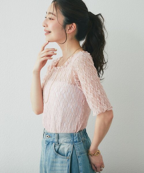 La boutique BonBon（ラブティックボンボン）の「ドライタッチレース前後２WAYトップス（Tシャツ/カットソー・レディース・ピンク/チャコールグレー/ホワイト・FREE）」の7枚目の写真