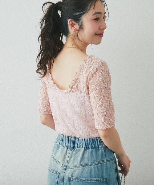 La boutique BonBon（ラブティックボンボン）の「ドライタッチレース前後２WAYトップス（Tシャツ/カットソー・レディース・ピンク/チャコールグレー/ホワイト・FREE）」の8枚目の写真