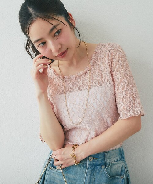 La boutique BonBon（ラブティックボンボン）の「ドライタッチレース前後２WAYトップス（Tシャツ/カットソー・レディース・ピンク/チャコールグレー/ホワイト・FREE）」の9枚目の写真
