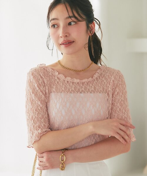 La boutique BonBon（ラブティックボンボン）の「ドライタッチレース前後２WAYトップス（Tシャツ/カットソー・レディース・ピンク/チャコールグレー/ホワイト・FREE）」の14枚目の写真