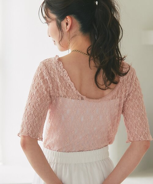 La boutique BonBon（ラブティックボンボン）の「ドライタッチレース前後２WAYトップス（Tシャツ/カットソー・レディース・ピンク/チャコールグレー/ホワイト・FREE）」の16枚目の写真