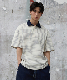 コントラストデニムカラーストライプハーフTシャツ[アイボリー]