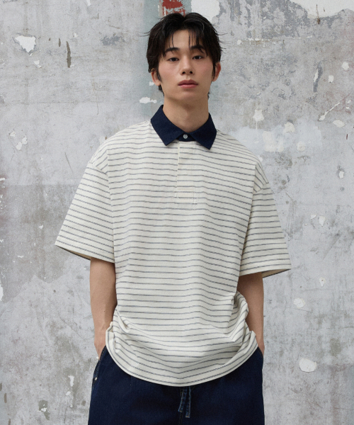 AGOD（エージーオーディー）の「コントラストデニムカラーストライプハーフTシャツ[アイボリー]（ポロシャツ・レディース・その他・SMALL/MEDIUM/LARGE）」の2枚目の写真