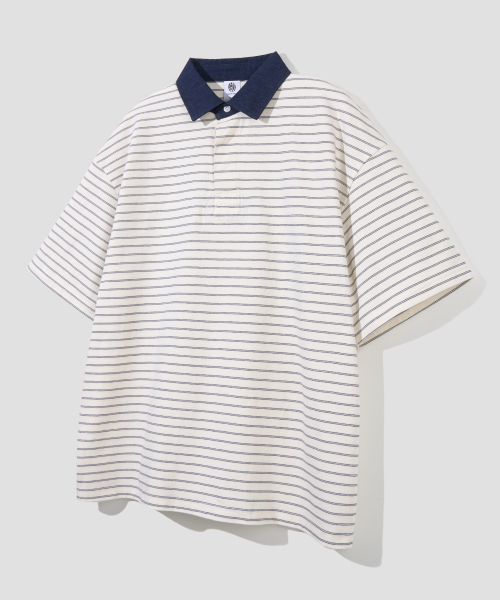 AGOD（エージーオーディー）の「コントラストデニムカラーストライプハーフTシャツ[アイボリー]（ポロシャツ・レディース・その他・SMALL/MEDIUM/LARGE）」の4枚目の写真