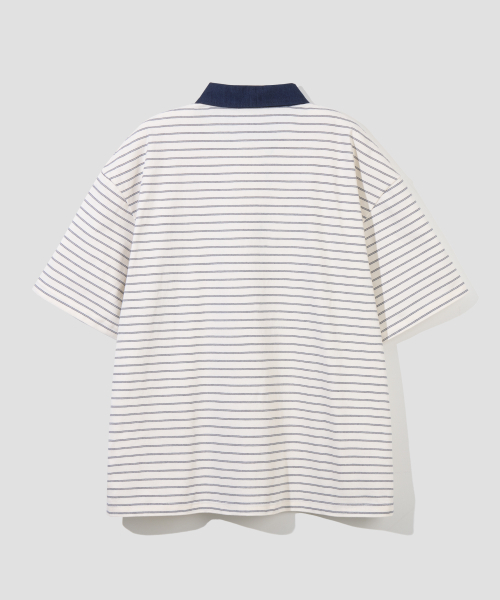 AGOD（エージーオーディー）の「コントラストデニムカラーストライプハーフTシャツ[アイボリー]（ポロシャツ・レディース・その他・SMALL/MEDIUM/LARGE）」の5枚目の写真