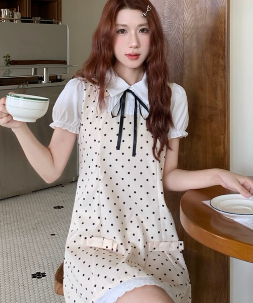Sibra（シブラ）の「1枚で可愛く決まる。配色リボンドットミニワンピース（ワンピース・レディース・アイボリー/ブラック/グレー・M）」の22枚目の写真