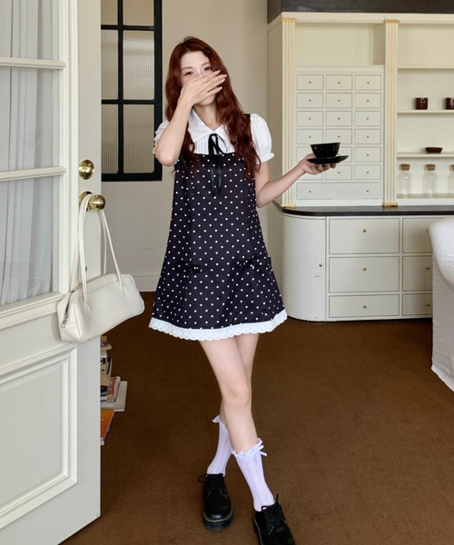 Sibra（シブラ）の「1枚で可愛く決まる。配色リボンドットミニワンピース（ワンピース・レディース・アイボリー/ブラック/グレー・M）」の10枚目の写真