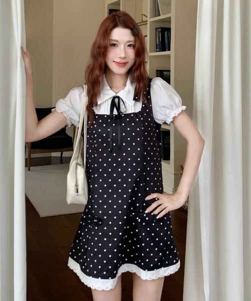 Sibra（シブラ）の「1枚で可愛く決まる。配色リボンドットミニワンピース（ワンピース・レディース・アイボリー/ブラック/グレー・M）」の13枚目の写真