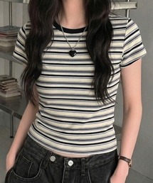 マルチボーダー配色タイト半袖Tシャツ