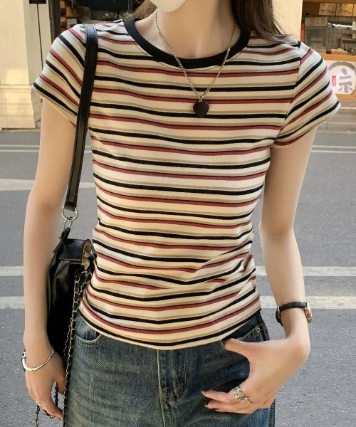 SHEPP（シープ）の「マルチボーダー配色タイト半袖Tシャツ（Tシャツ/カットソー・レディース・ネイビー/レッド・M/S）」の10枚目の写真