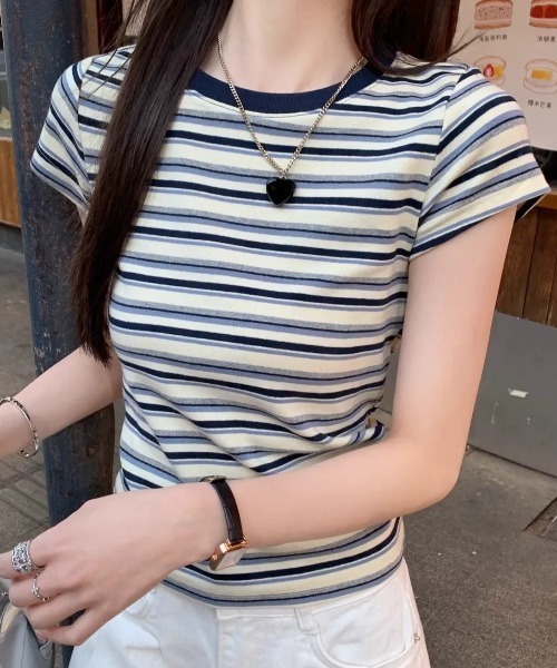 SHEPP（シープ）の「マルチボーダー配色タイト半袖Tシャツ（Tシャツ/カットソー・レディース・ネイビー/レッド・M/S）」の5枚目の写真