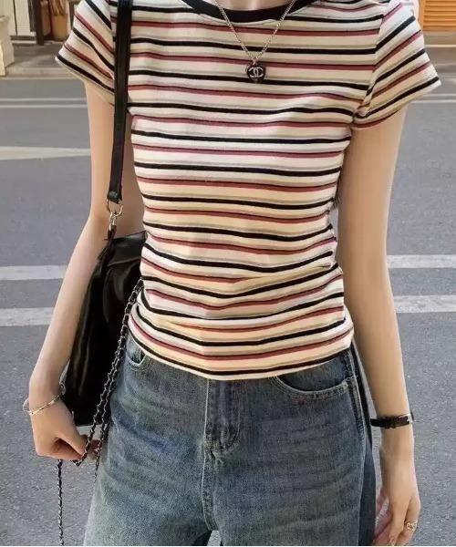 SHEPP（シープ）の「マルチボーダー配色タイト半袖Tシャツ（Tシャツ/カットソー・レディース・ネイビー/レッド・M/S）」の11枚目の写真