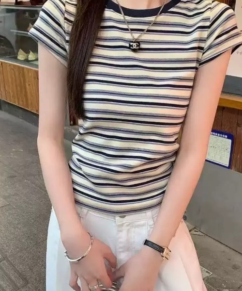 SHEPP（シープ）の「マルチボーダー配色タイト半袖Tシャツ（Tシャツ/カットソー・レディース・ネイビー/レッド・M/S）」の7枚目の写真
