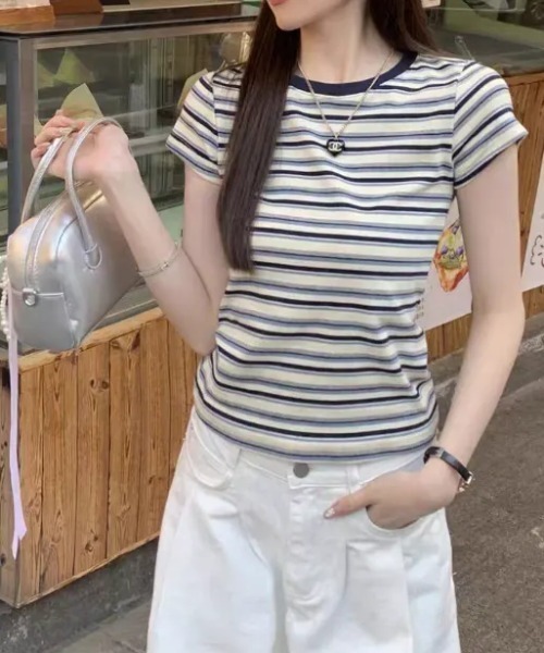 SHEPP（シープ）の「マルチボーダー配色タイト半袖Tシャツ（Tシャツ/カットソー・レディース・ネイビー/レッド・M/S）」の8枚目の写真