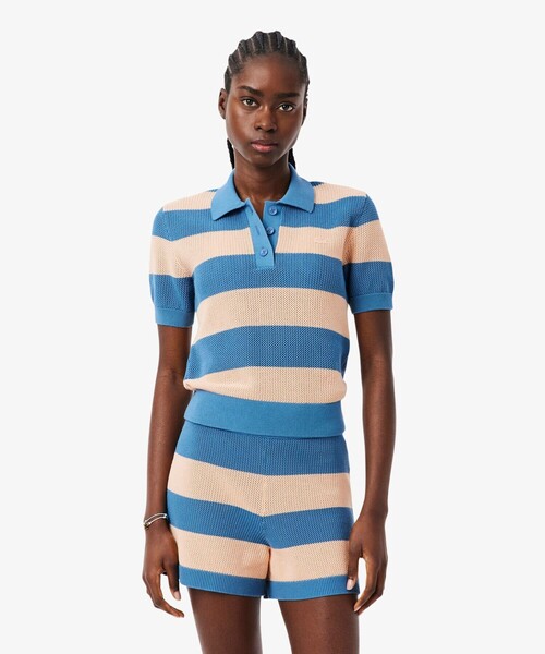 LACOSTE(ラコステ)の「ファットボーダーメッシュニットポロシャツ(ニット/セーター・レディース・オレンジ/ブルー・36/34/38)」の9枚目の写真