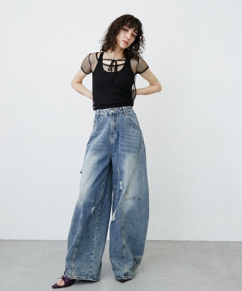 uyu.(ウユ)の「Dot Pattern Front Hole Sheer Top/ドット柄フロントホールシアートップス(Tシャツ/カットソー・レディース・ホワイト/ブラック・FREE)」の9枚目の写真