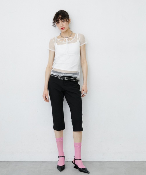 uyu.(ウユ)の「Dot Pattern Front Hole Sheer Top/ドット柄フロントホールシアートップス(Tシャツ/カットソー・レディース・ホワイト/ブラック・FREE)」の16枚目の写真