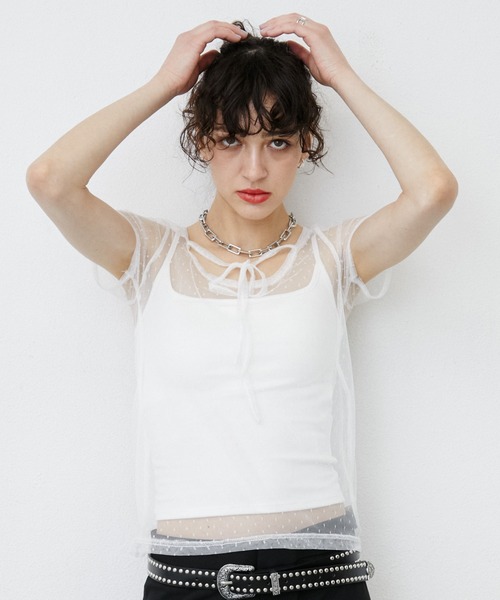 uyu.(ウユ)の「Dot Pattern Front Hole Sheer Top/ドット柄フロントホールシアートップス(Tシャツ/カットソー・レディース・ホワイト/ブラック・FREE)」の18枚目の写真