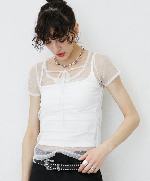 uyu.(ウユ)の「Dot Pattern Front Hole Sheer Top/ドット柄フロントホールシアートップス(Tシャツ/カットソー・レディース・ホワイト/ブラック・FREE)」の19枚目の写真