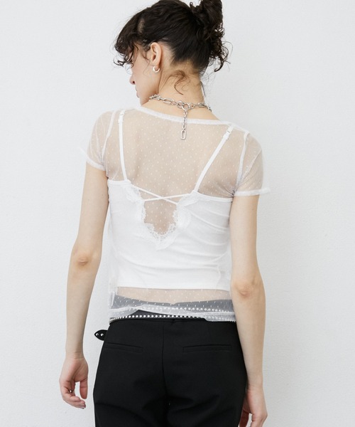 uyu.(ウユ)の「Dot Pattern Front Hole Sheer Top/ドット柄フロントホールシアートップス(Tシャツ/カットソー・レディース・ホワイト/ブラック・FREE)」の20枚目の写真