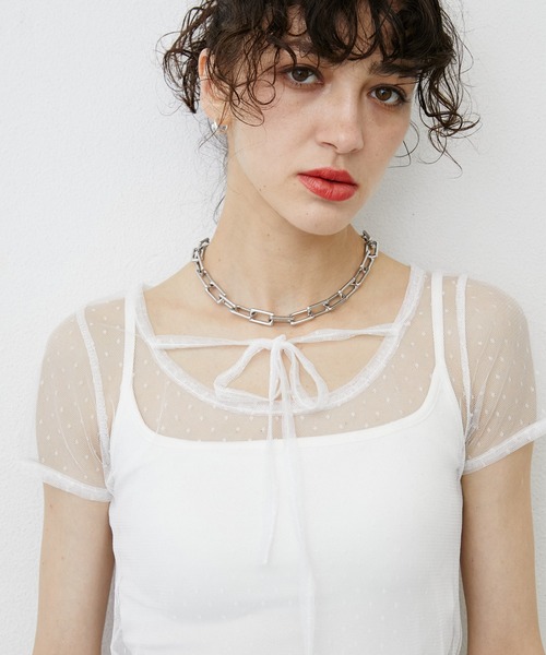 uyu.(ウユ)の「Dot Pattern Front Hole Sheer Top/ドット柄フロントホールシアートップス(Tシャツ/カットソー・レディース・ホワイト/ブラック・FREE)」の22枚目の写真