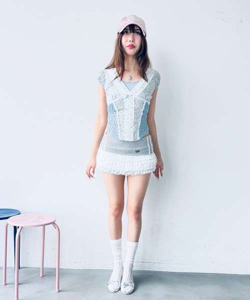 Y2K SYNAPSE FACTORY（ワイツーケー シナプスファクトリー）の「【レーストリミング】花柄楊柳Tシャツ（Tシャツ/カットソー・レディース・ネイビー/グレー/アイボリー・FREE）」の12枚目の写真