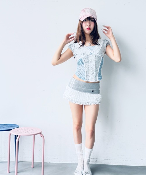 Y2K SYNAPSE FACTORY（ワイツーケー シナプスファクトリー）の「【レーストリミング】花柄楊柳Tシャツ（Tシャツ/カットソー・レディース・ネイビー/グレー/アイボリー・FREE）」の11枚目の写真