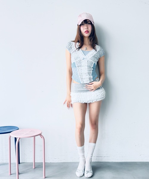 Y2K SYNAPSE FACTORY（ワイツーケー シナプスファクトリー）の「【レーストリミング】花柄楊柳Tシャツ（Tシャツ/カットソー・レディース・ネイビー/グレー/アイボリー・FREE）」の10枚目の写真