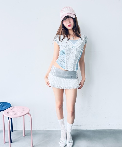 Y2K SYNAPSE FACTORY（ワイツーケー シナプスファクトリー）の「【レーストリミング】花柄楊柳Tシャツ（Tシャツ/カットソー・レディース・ネイビー/グレー/アイボリー・FREE）」の9枚目の写真
