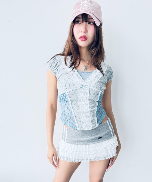 Y2K SYNAPSE FACTORY（ワイツーケー シナプスファクトリー）の「【レーストリミング】花柄楊柳Tシャツ（Tシャツ/カットソー・レディース・ネイビー/グレー/アイボリー・FREE）」の8枚目の写真