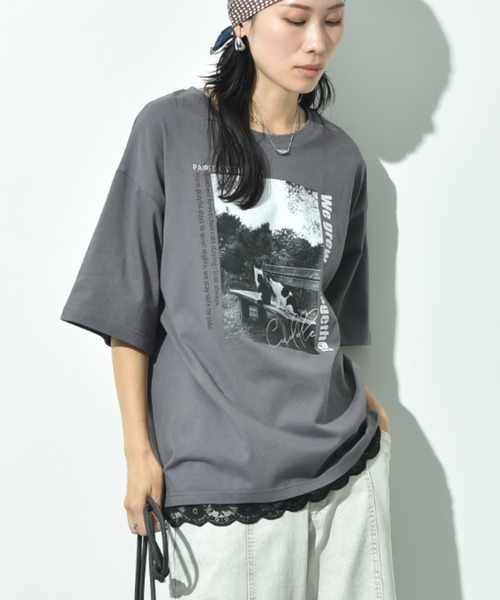 INTERPLANET(インタープラネット)の「CATプリント裾レースT(Tシャツ/カットソー・レディース・オフホワイト/チャコールグレー・FREE)」の2枚目の写真