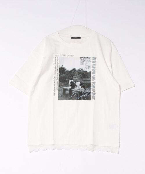 INTERPLANET(インタープラネット)の「CATプリント裾レースT(Tシャツ/カットソー・レディース・オフホワイト/チャコールグレー・FREE)」の4枚目の写真