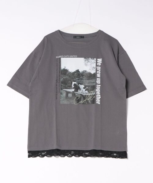 INTERPLANET(インタープラネット)の「CATプリント裾レースT(Tシャツ/カットソー・レディース・オフホワイト/チャコールグレー・FREE)」の3枚目の写真
