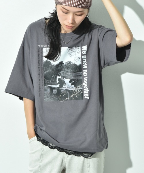 INTERPLANET(インタープラネット)の「CATプリント裾レースT(Tシャツ/カットソー・レディース・オフホワイト/チャコールグレー・FREE)」の6枚目の写真