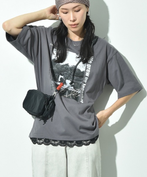 INTERPLANET(インタープラネット)の「CATプリント裾レースT(Tシャツ/カットソー・レディース・オフホワイト/チャコールグレー・FREE)」の5枚目の写真