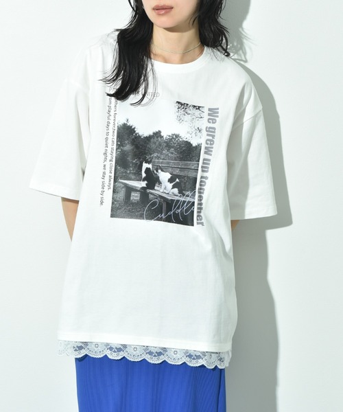 INTERPLANET(インタープラネット)の「CATプリント裾レースT(Tシャツ/カットソー・レディース・オフホワイト/チャコールグレー・FREE)」の22枚目の写真