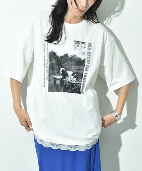 INTERPLANET(インタープラネット)の「CATプリント裾レースT(Tシャツ/カットソー・レディース・オフホワイト/チャコールグレー・FREE)」の20枚目の写真